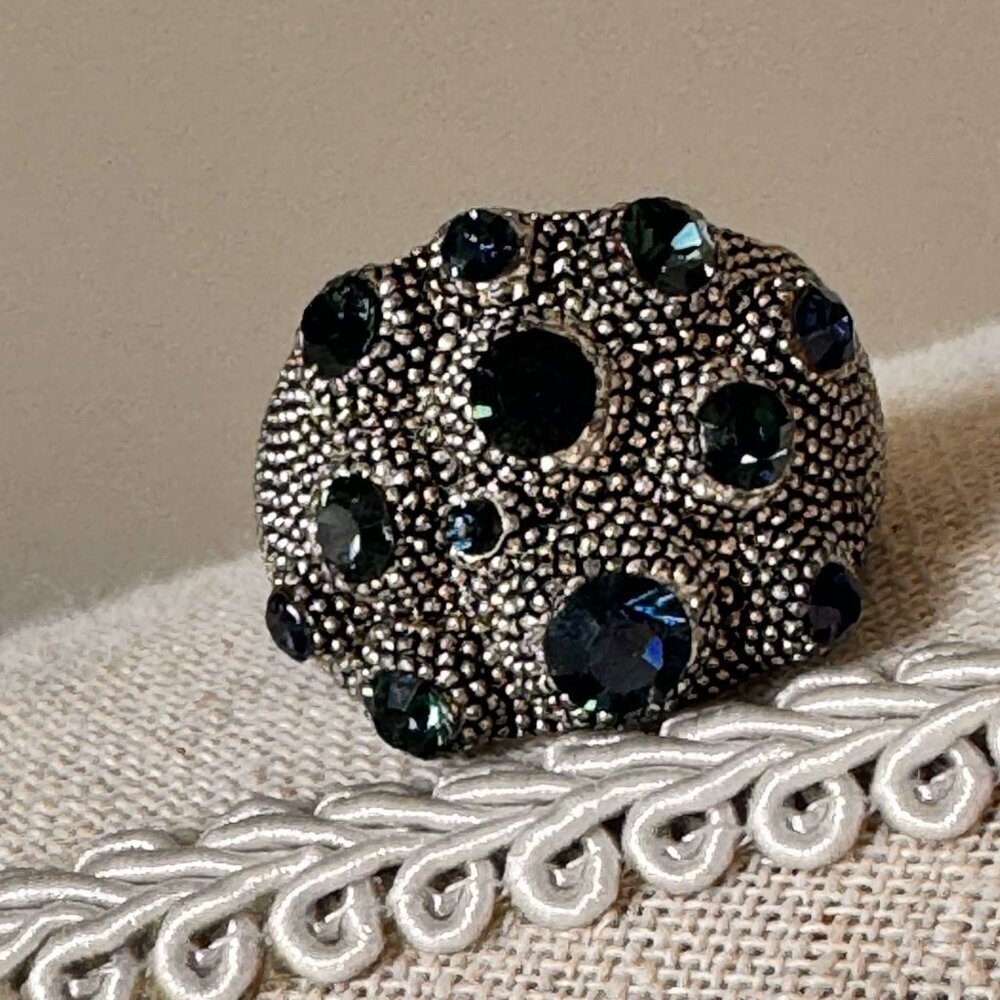 Vintage Custom Silver Tone Textured Statement Ring with Blue Stones - Size 7 - Picture 4 of 7